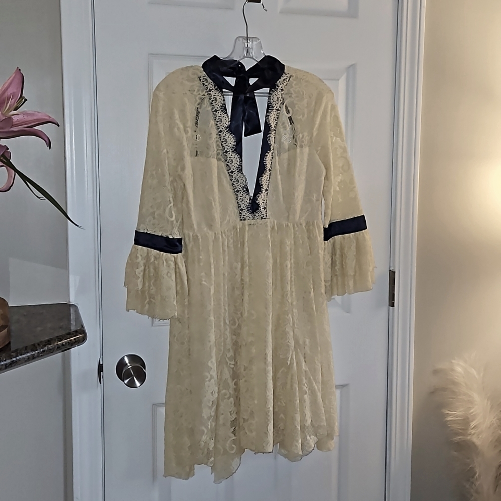 Free People Ivory and Navy Blue ribbon dress